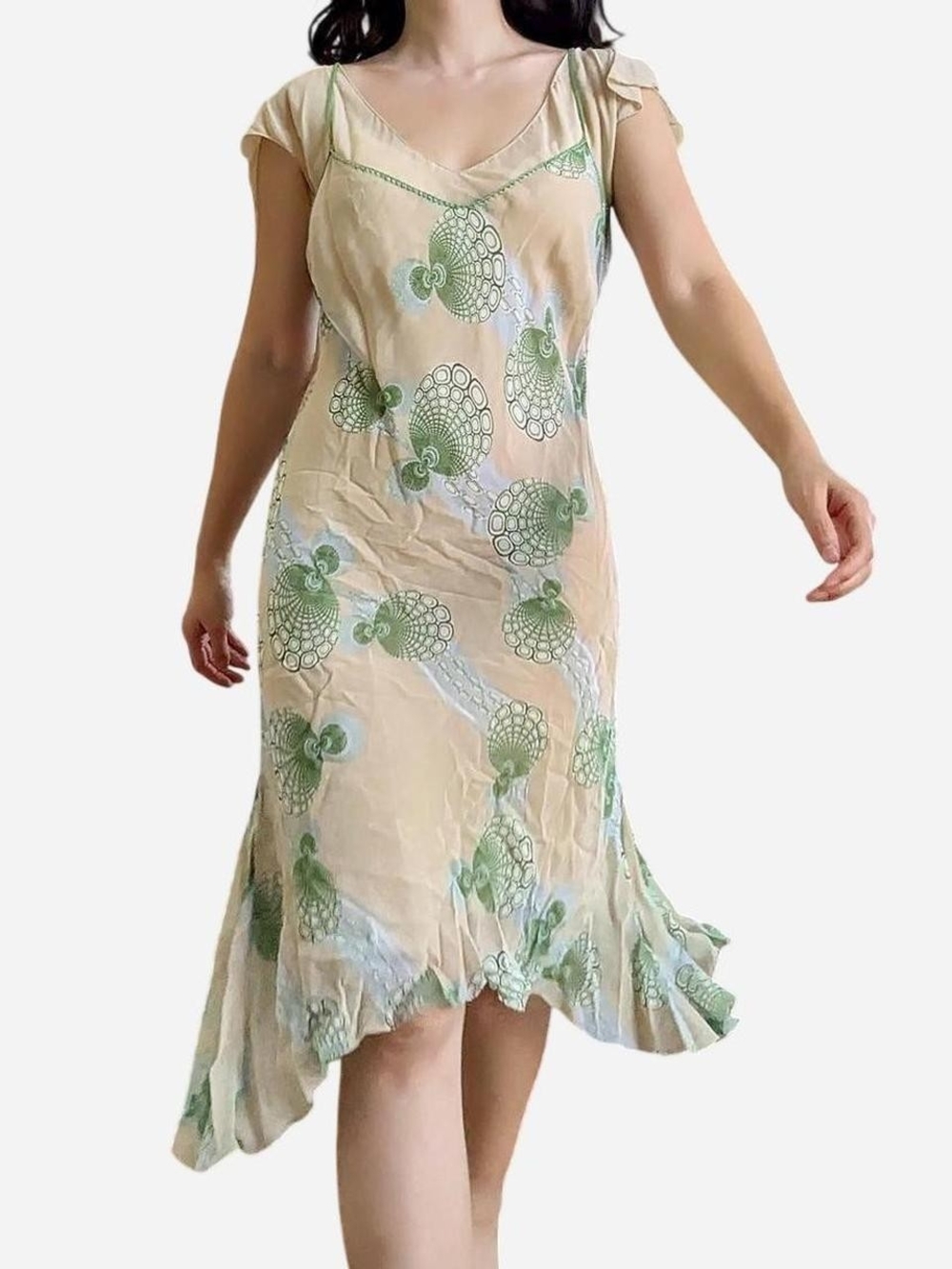 Vintage Max Studio Floral Silk Midi Dress in Cream & Green Size Medium